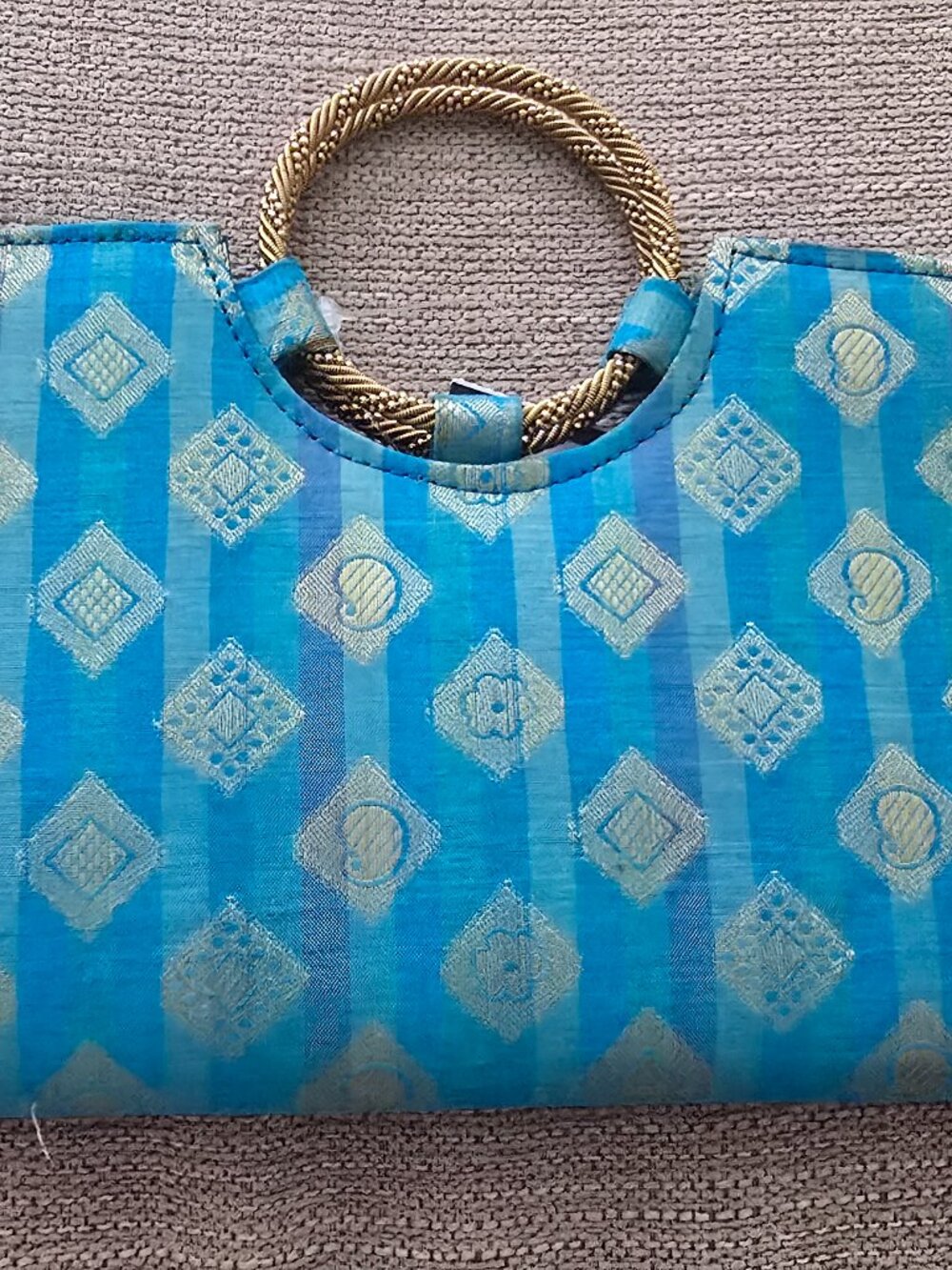 Fabindia Silk Brocade Clutch Blue with colorful trim EUC